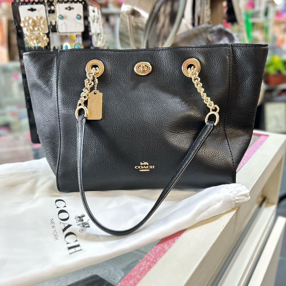 Coach Black Leather Shoulder Bag with Gold Accents